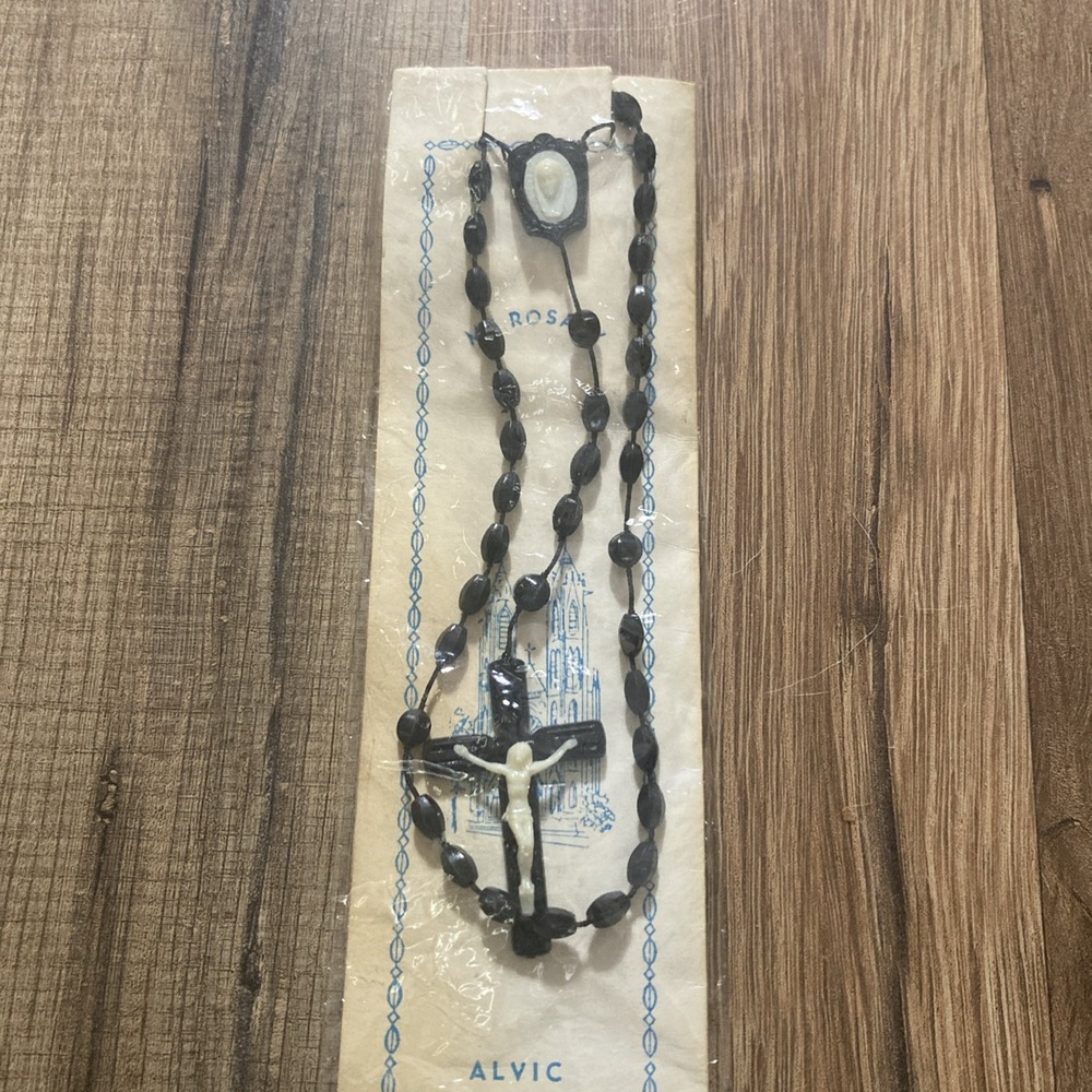 Vintage Rosary Jesus On Cross Crucifix Black Seed Beads Catholic